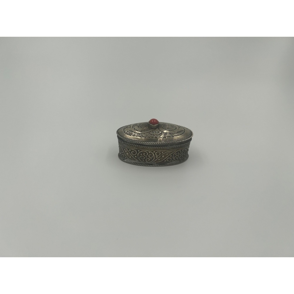 Vintage Berber Metal Pill Box Ornate Coral Genstome Snuff Box